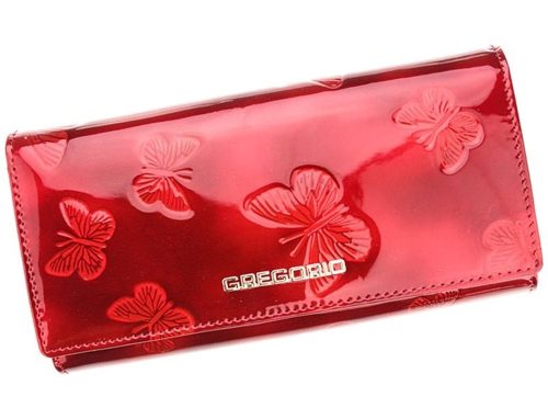 Gregorio BT-114 női lakkbőr pénztárca, piros pillangó mintás, 17,5 × 9,5 cm