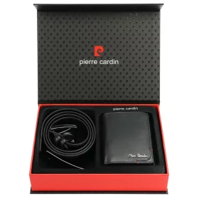   Pierre Cardin ZG-109-BR fekete férfi bőrpénztárca, bőr öv ajándék szett 125 cm
