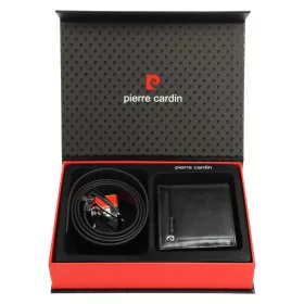   Pierre Cardin ZG-111 fekete férfi bőrpénztárca, bőr öv ajándék szett 120 cm