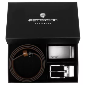   Peterson PTN KL-B005-S001 konyakbarna-fekete cserélhető csatos bőr öv szett 115 cm