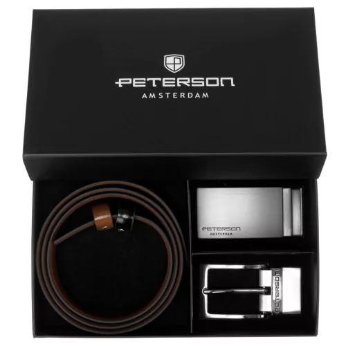 Peterson PTN KL-B005-S001 konyakbarna-fekete cserélhető csatos bőr öv szett 115 cm