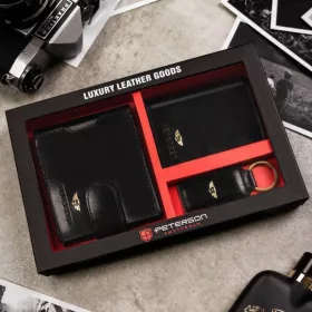   Peterson PTN SET3-N78L-VT-5433 BLACK fekete férfi marhabőr pénztárca ajándék szett