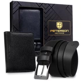   Peterson PTN N4-DOT BLACK fekete férfi pénztárca–öv bőr ajándék szett 125 cm