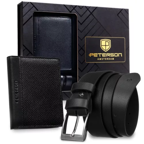 Peterson PTN N4-DOT BLACK fekete férfi pénztárca–öv bőr ajándék szett 125 cm