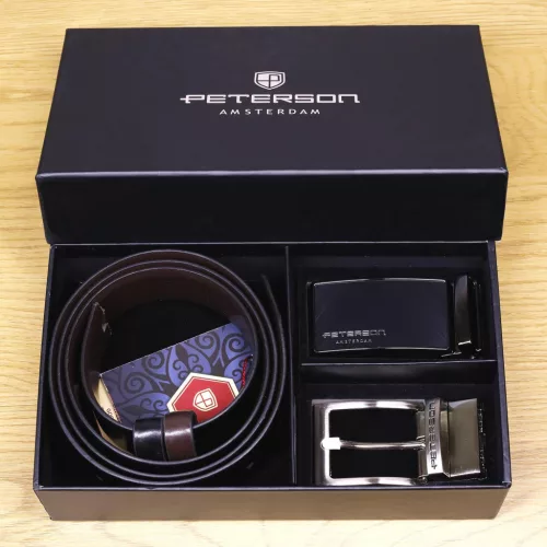 Peterson PTN KL-B003-S001-D férfi fekete bőr öv ajándék szett 115 cm