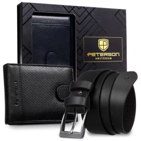   Peterson PTN SET N992L-DOT BLACK fekete férfi bőr öv, pénztárca szett 115 cm