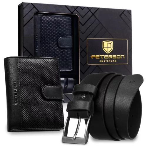 Peterson PTN SET N4L-DOT BLACK fekete férfi bőr pénztárca-öv ajándék szett 115 cm