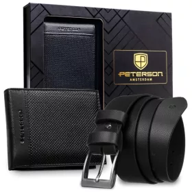   Peterson PTN SET N992-DOT BLACK fekete férf bőr pénztárca, öv ajándék szett 115 cm