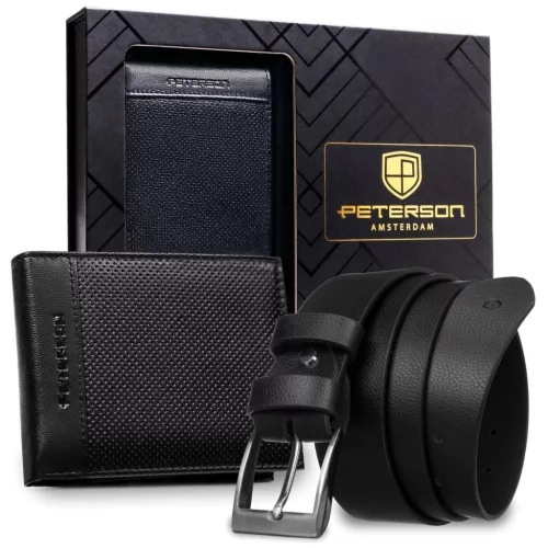 Peterson PTN SET N992-DOT BLACK fekete férf bőr pénztárca, öv ajándék szett 115 cm