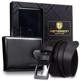   Peterson PTN SET N992L-NGV-125-8349 fekete férfi bőr öv, pénztárca szett 125 cm