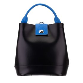   Blázek & Anni női, fekete-kék selyemfényű bőr hátitáska, kézitáska 29 x 28 cm