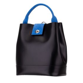   Blázek & Anni női, fekete-kék selyemfényű bőr hátitáska, kézitáska 29 x 28 cm