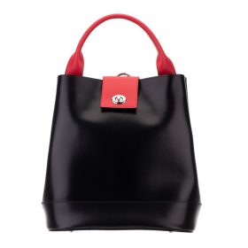   Blázek & Anni női, fekete-piros selyemfényű bőr hátitáska, kézitáska 29 x 28 cm