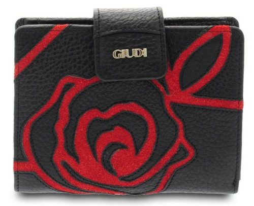 Giudi női fekete-piros nyomott rózsa mintás bőr pénztárca