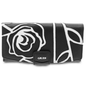   Giudi női, nagyméretű,  kézzel rávarrt rózsás fekete-fehér bőr pénztárca