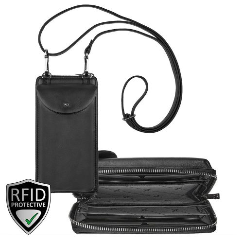 Giorgio Carelli uniszex, fekete bőr, nyakba akasztható pénztárca telefontartóval, RFID védelemm