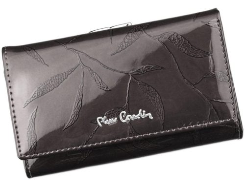 Pierre Cardin női lakkbőr pénztárca, szürke, levélmintás, 14,5 × 8,5 cm