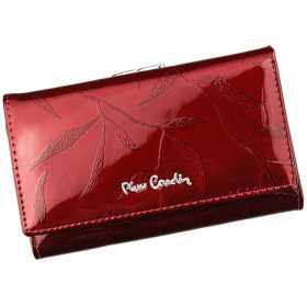   Pierre Cardin női lakkbőr pénztárca, piros, levélmintás, 14,5 × 8,5 cm