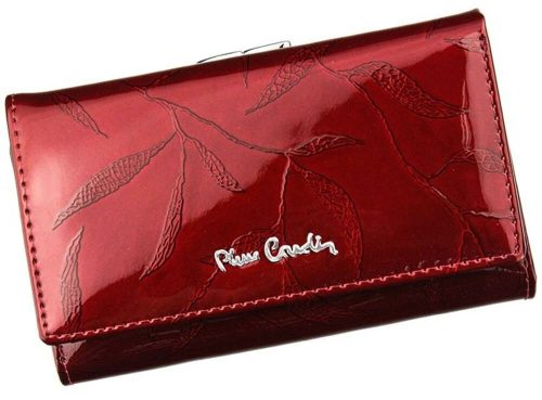 Pierre Cardin női lakkbőr pénztárca, piros, levélmintás, 14,5 × 8,5 cm