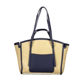   Valentino Bags bézs-sötétkék raffia hatású női válltáska 35 x 29 x 11 cm